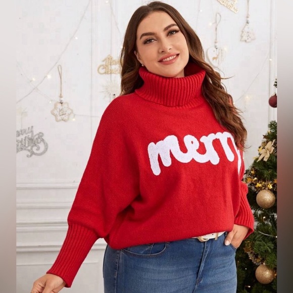 New Red Merry Christmas Holiday Sweater Turtleneck Dolman Long Sleeves White NWT - Picture 11 of 16